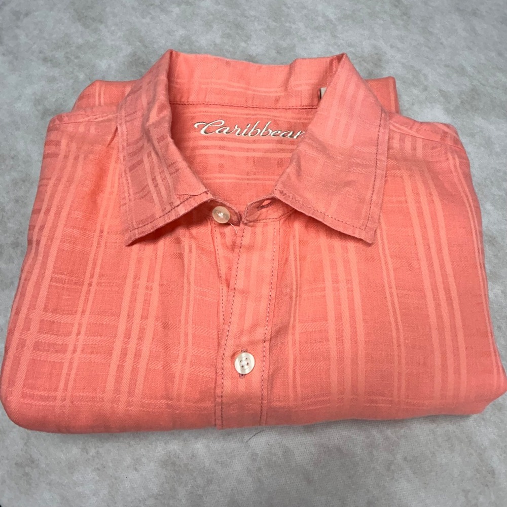 Caribbean Button Down Shirt Textured Long Sleeve Casual Coral Mens Size‎